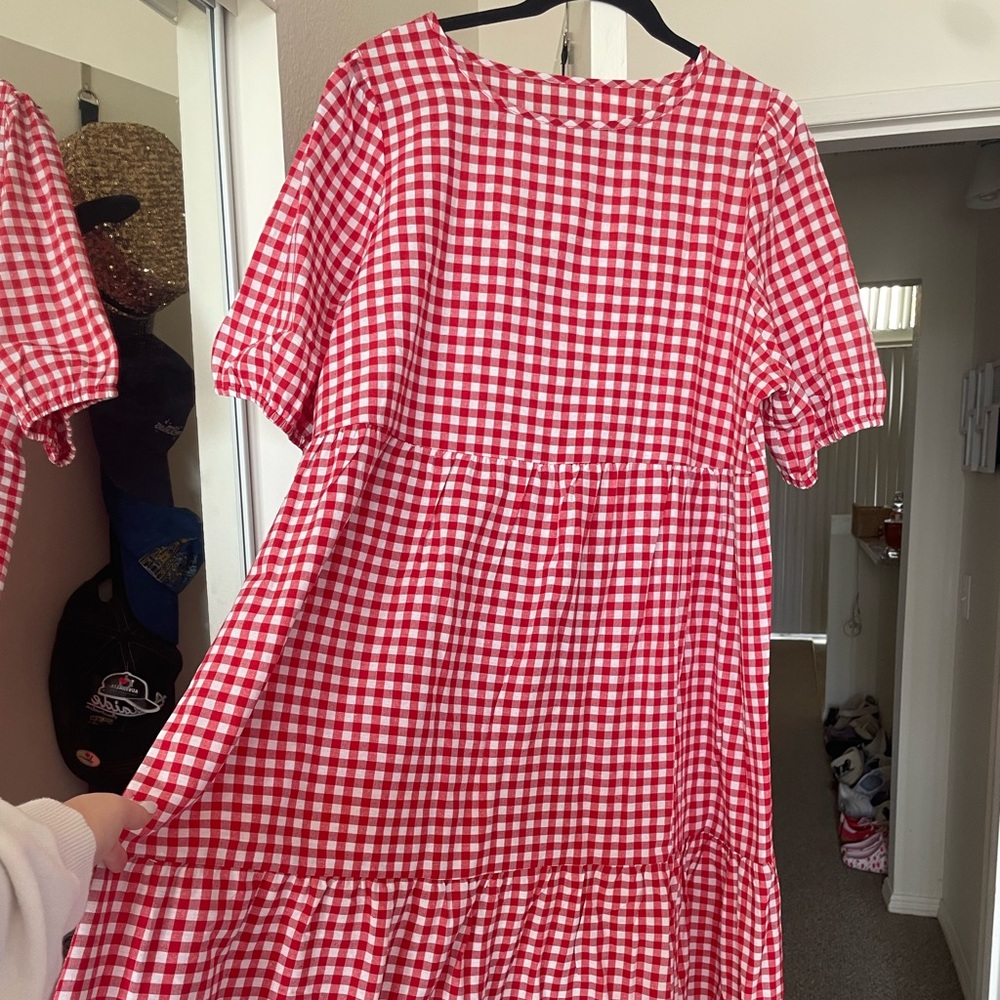 SHEIN Red Gingham Checked Curve Midi Dress